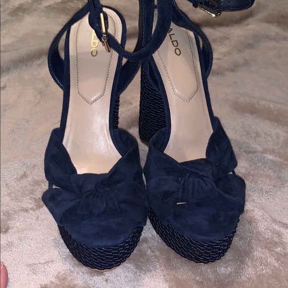 NWOT Aldo Suede Navy Leather Rope Wrapped Platform Chunky Heels Nautical 6 Woven - Picture 3 of 14